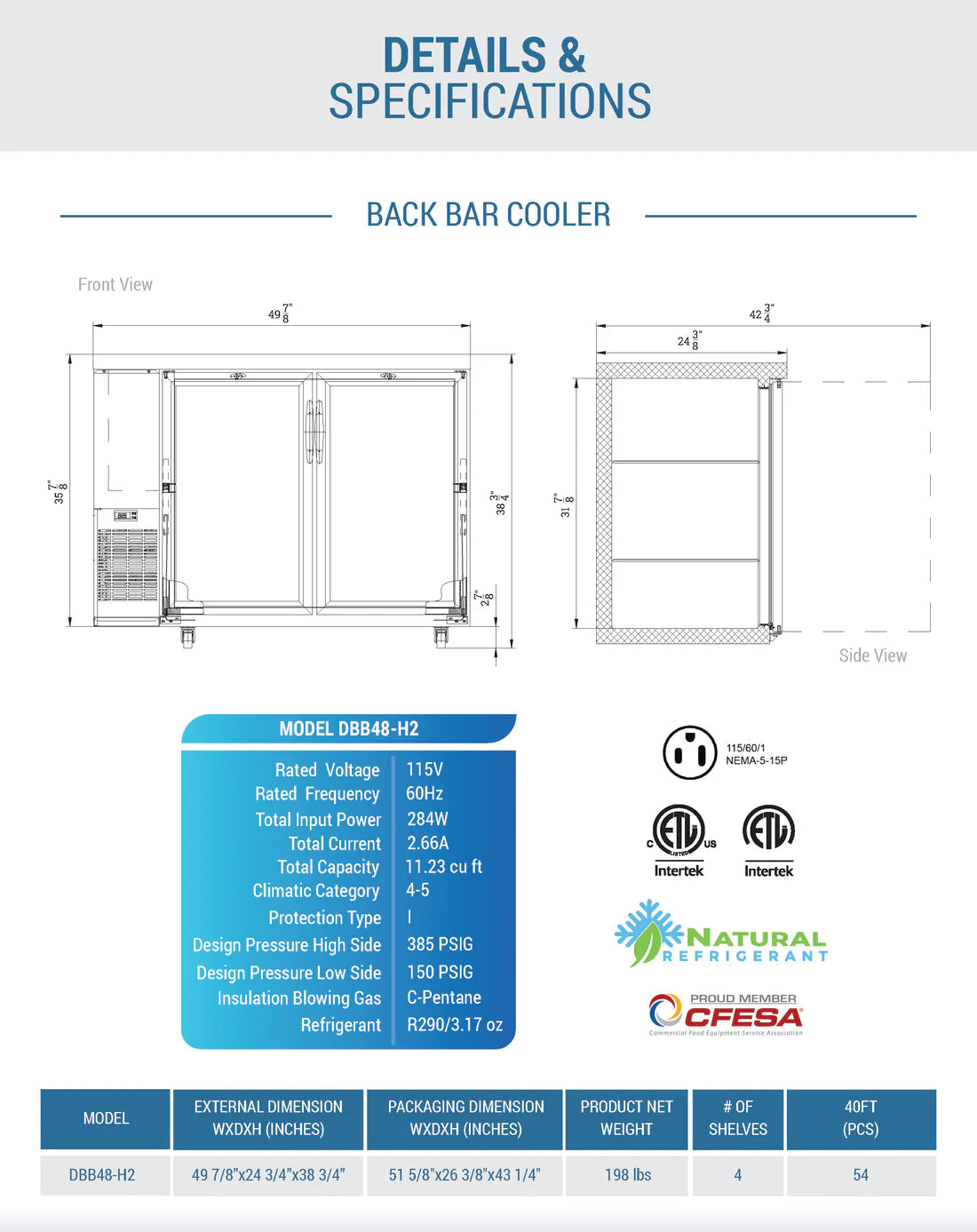 Dukers DBB48-H2 2-Door Bar and Beverage Cooler (Hinge Doors)
