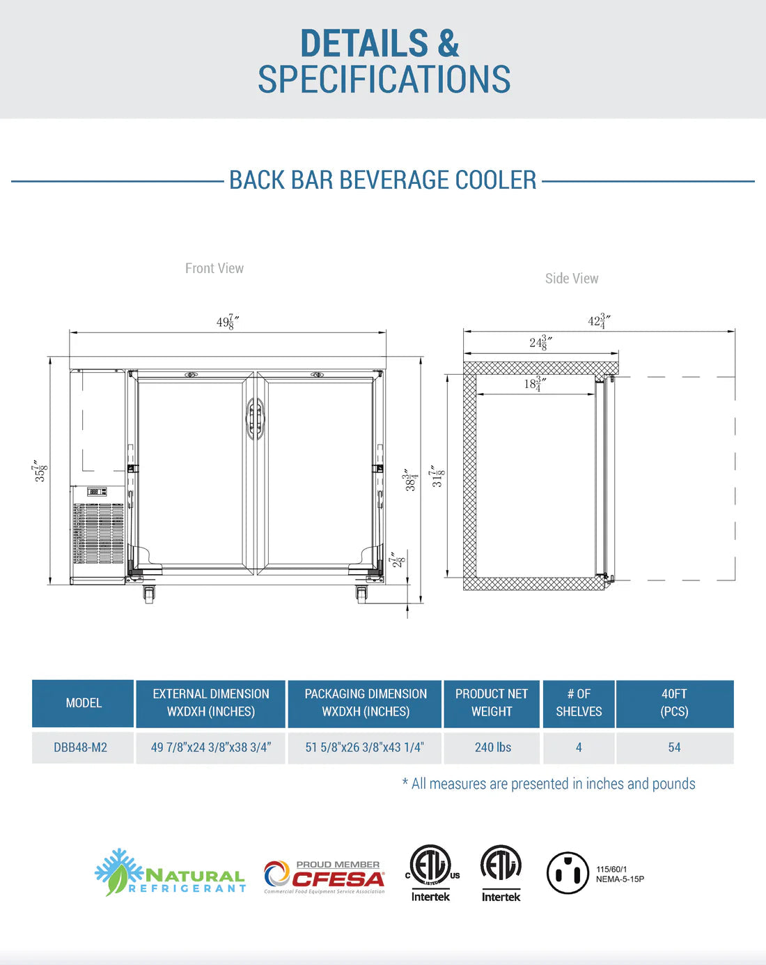Dukers DBB48-M2 2-Door Bar and Beverage Cooler (Solid Doors)