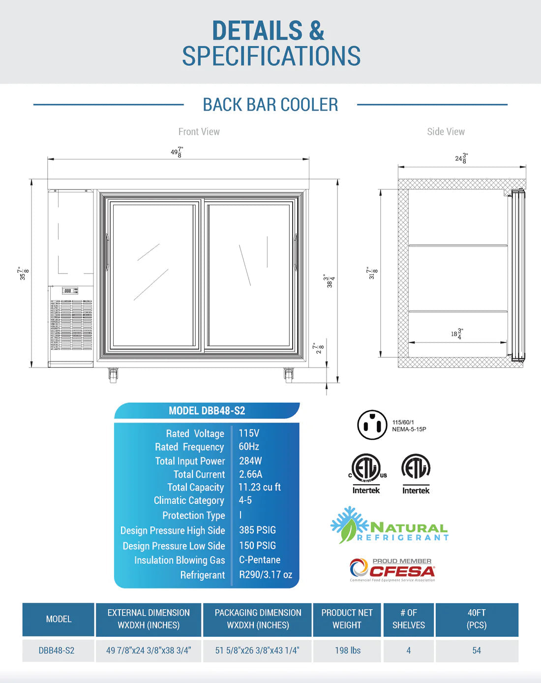 Dukers DBB48-S2 2-Door Bar and Beverage Cooler (Sliding Doors)