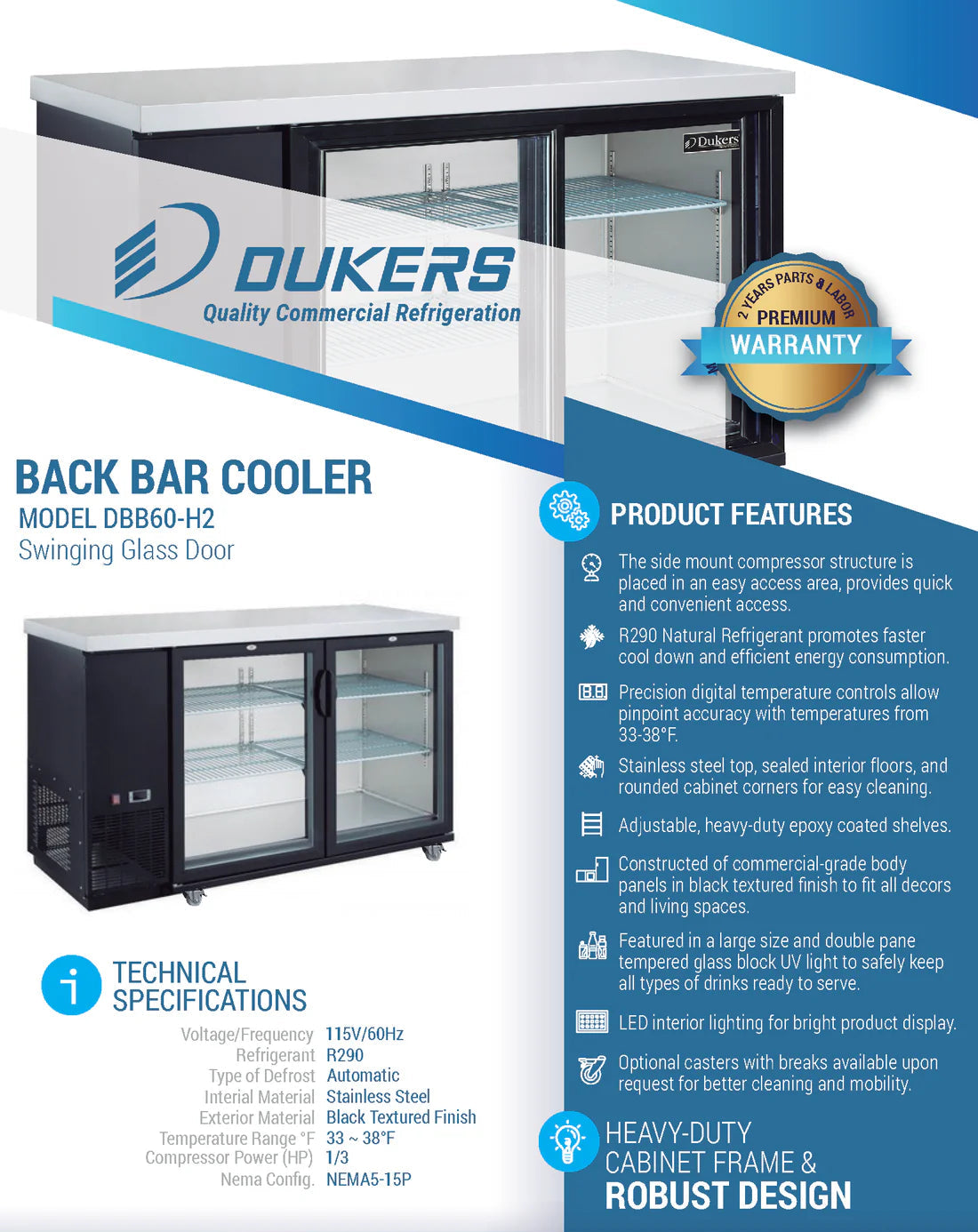 Dukers DBB60-H2 2 Door Bar and Beverage Cooler (Hinge Doors)