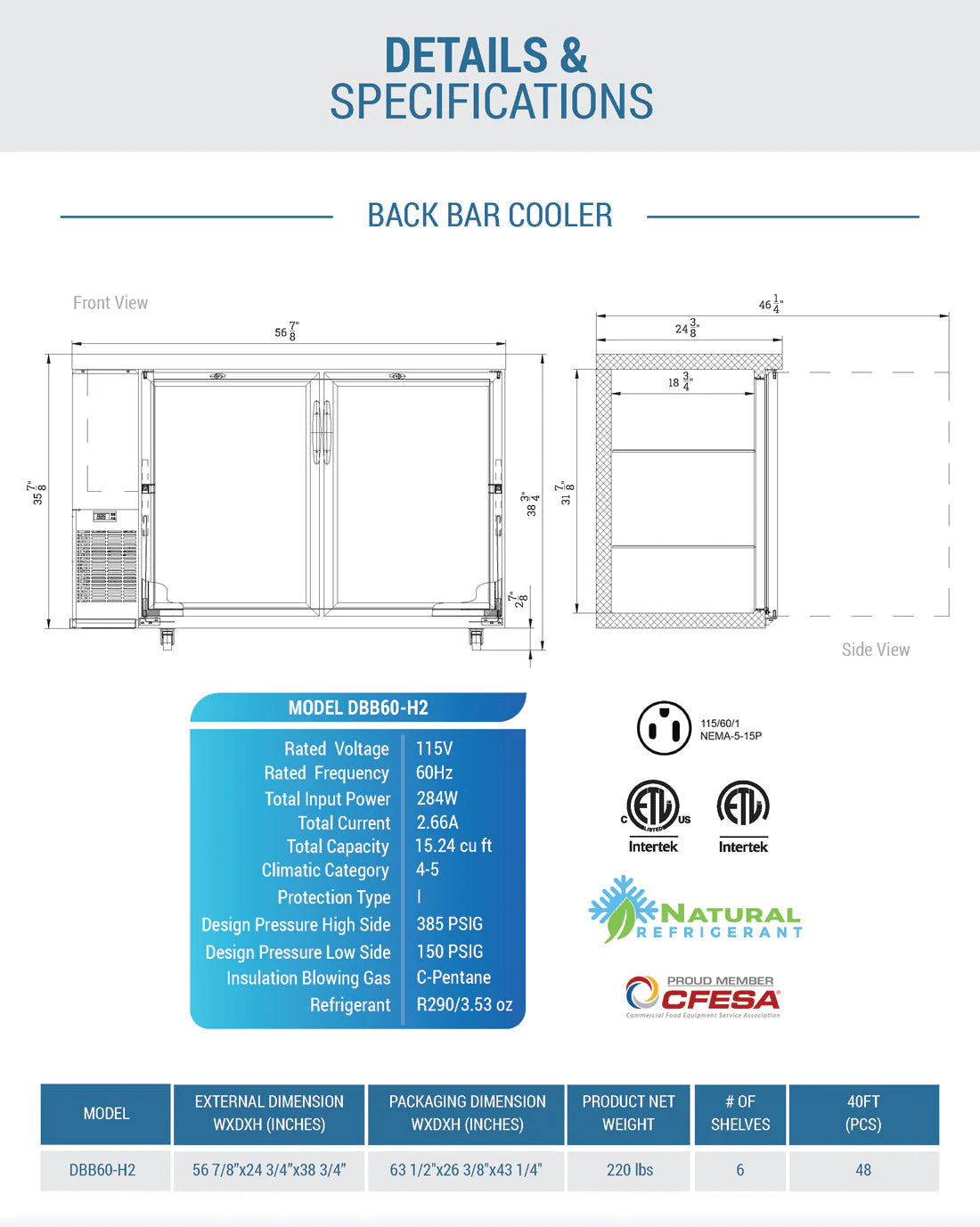 Dukers DBB60-H2 2 Door Bar and Beverage Cooler (Hinge Doors)