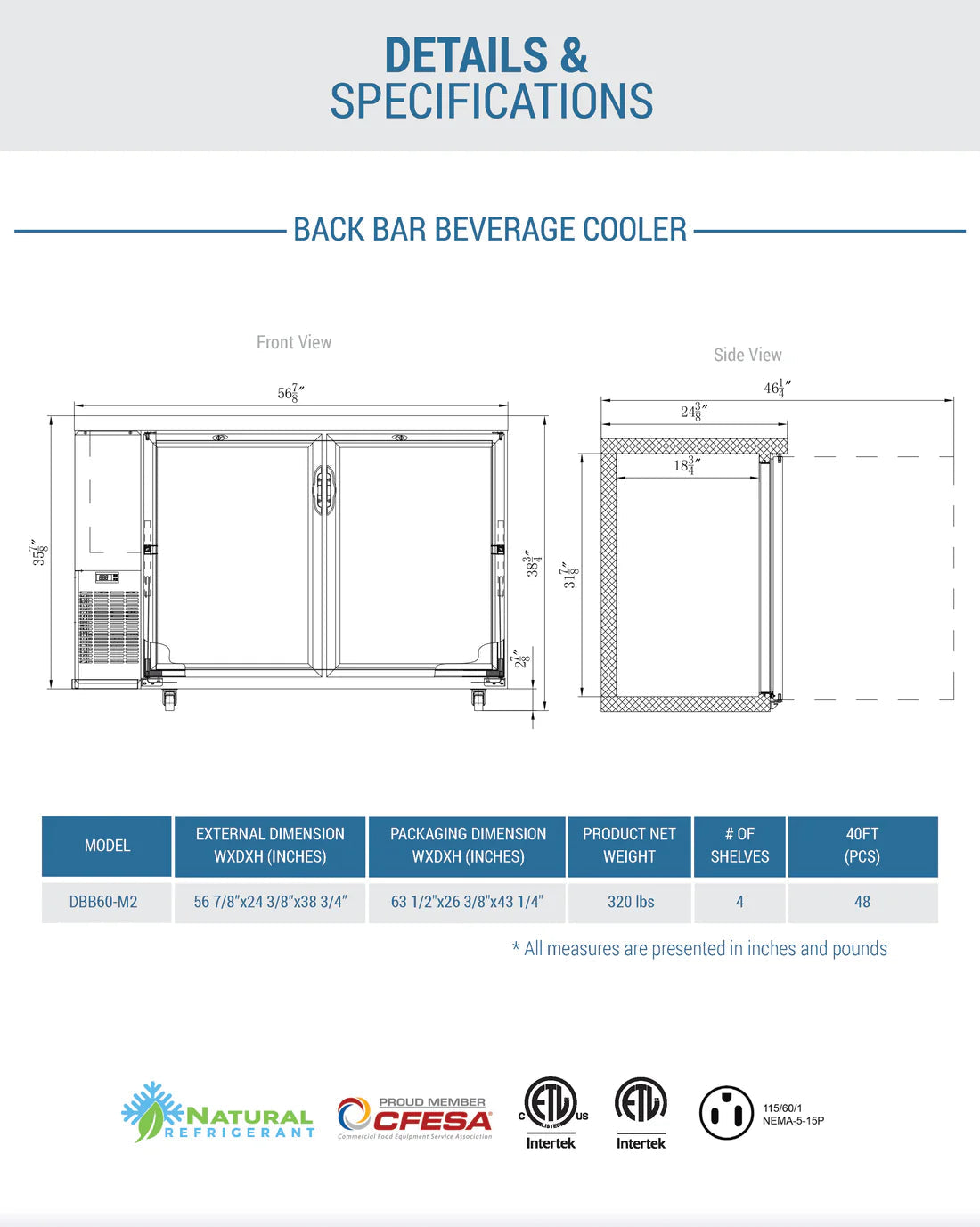 Dukers DBB60-M2 2-Door Bar and Beverage Cooler (Solid Doors)