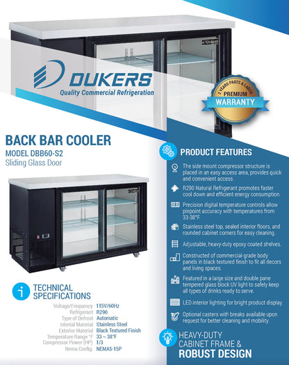 Dukers DBB60-S2 2 Door Bar and Beverage Cooler (Sliding Doors)