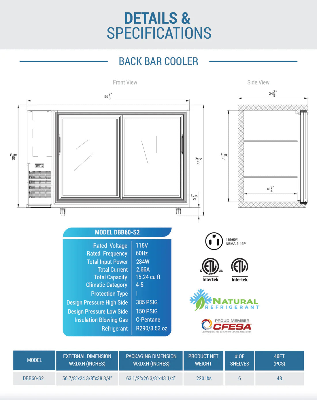 Dukers DBB60-S2 2 Door Bar and Beverage Cooler (Sliding Doors)