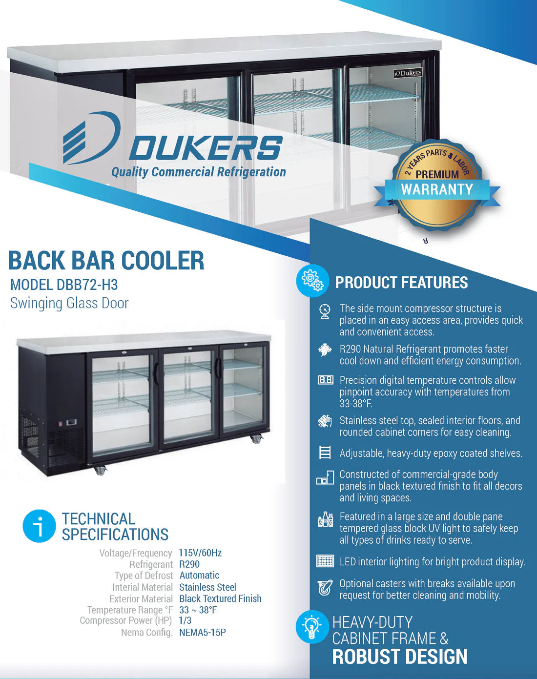 Dukers DBB72-H3 3 Door Bar and Beverage Cooler (Hinge Doors)