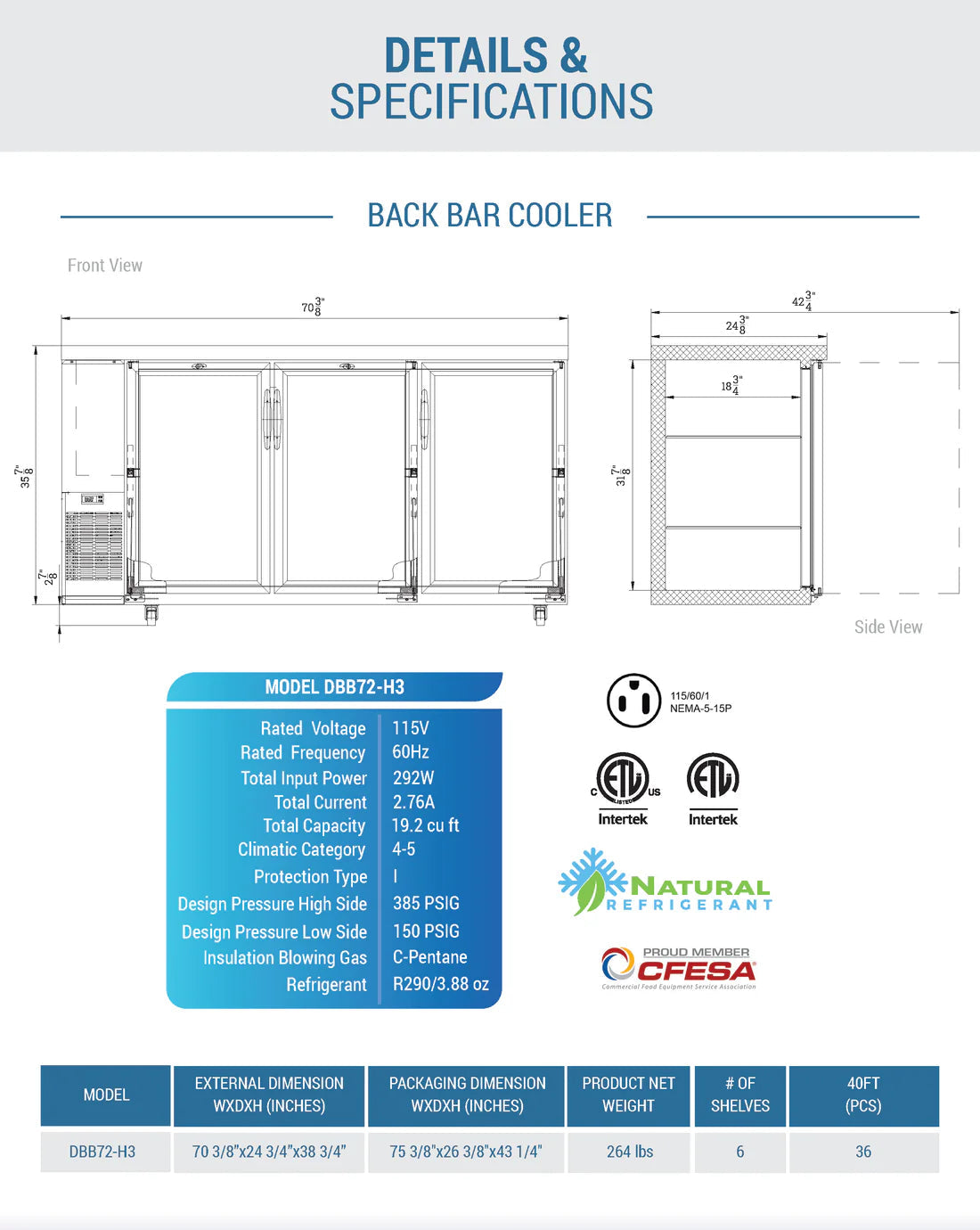 Dukers DBB72-H3 3 Door Bar and Beverage Cooler (Hinge Doors)