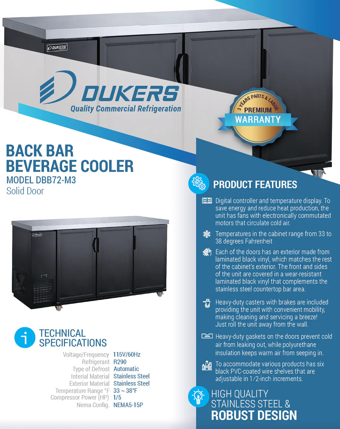 Dukers DBB72-M3 3-Door Bar and Beverage Cooler (Solid Doors)