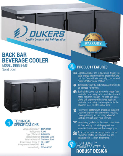 Dukers DBB72-M3 3-Door Bar and Beverage Cooler (Solid Doors)