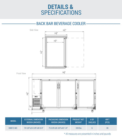 Dukers DBB72-M3 3-Door Bar and Beverage Cooler (Solid Doors)