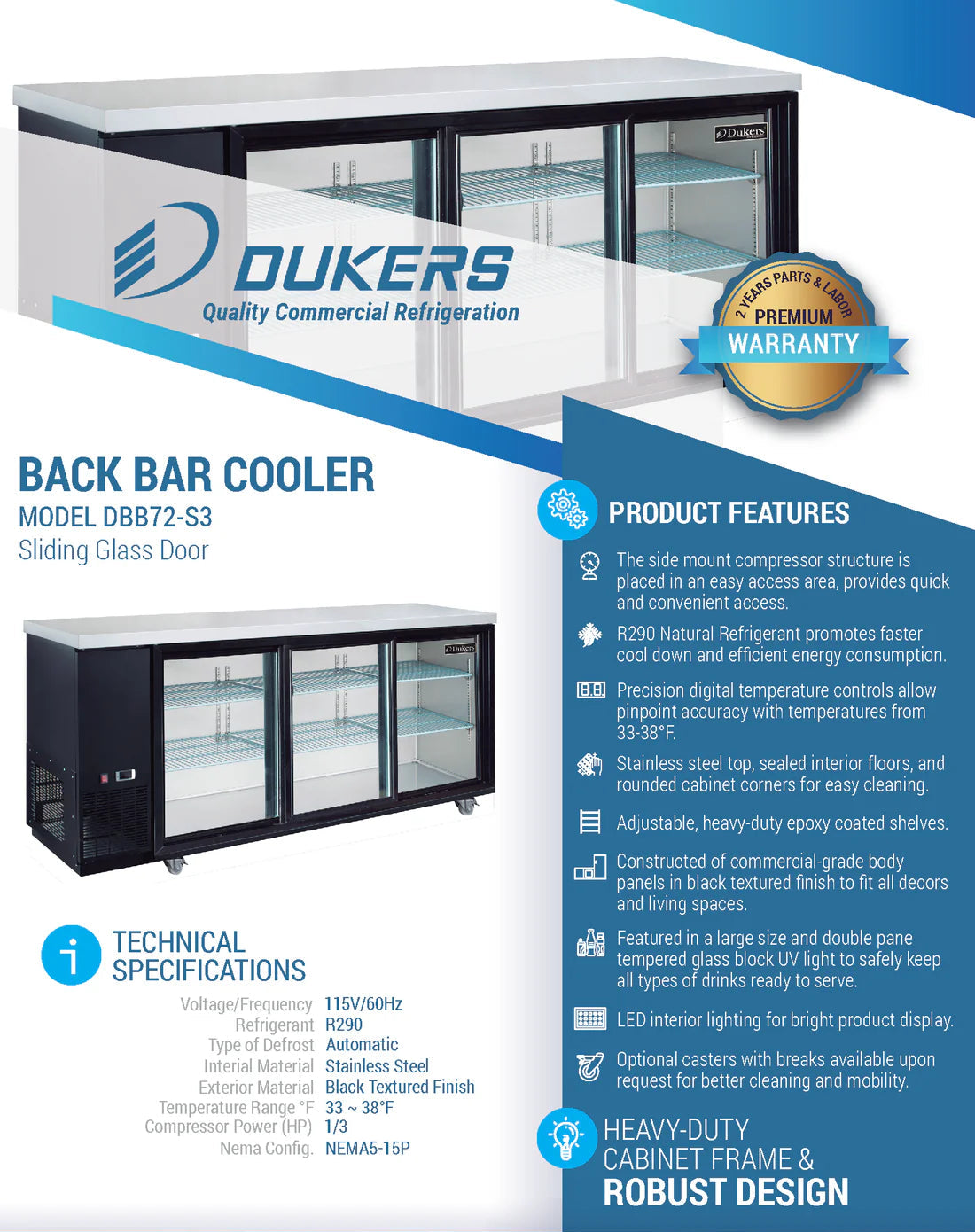 Dukers DBB72-S3 3 Door Bar and Beverage Cooler (Sliding Doors)