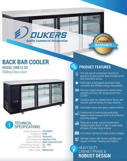 Dukers DBB72-S3 3 Door Bar and Beverage Cooler (Sliding Doors)