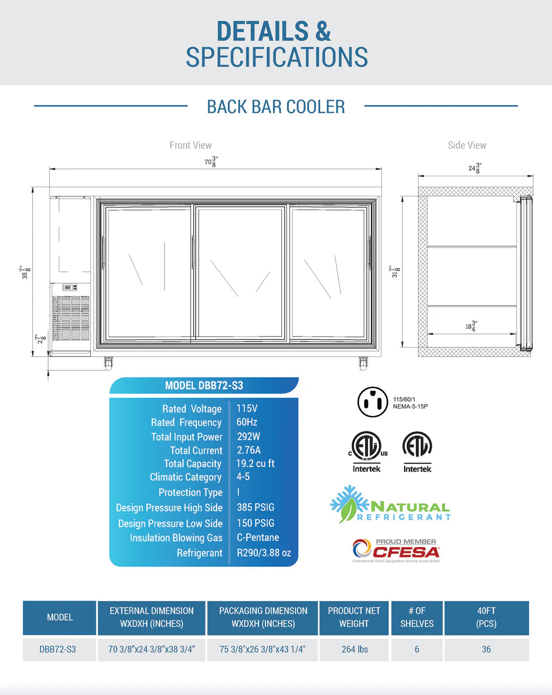 Dukers DBB72-S3 3 Door Bar and Beverage Cooler (Sliding Doors)
