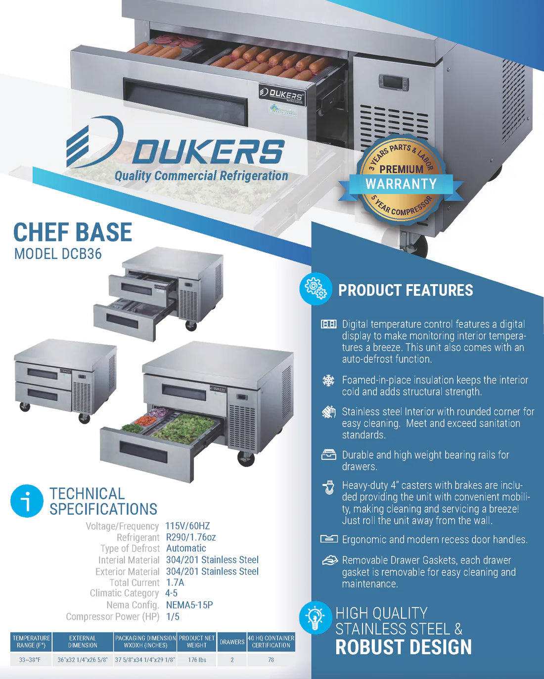 Dukers DCB36-D2 Chef Base Refrigerator with 2 Drawers