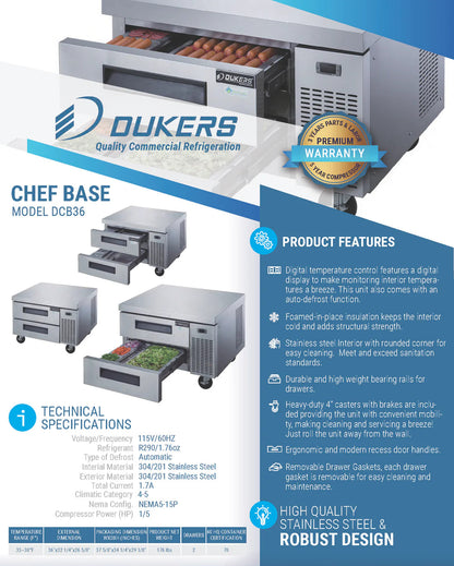 Dukers DCB36-D2 Chef Base Refrigerator with 2 Drawers