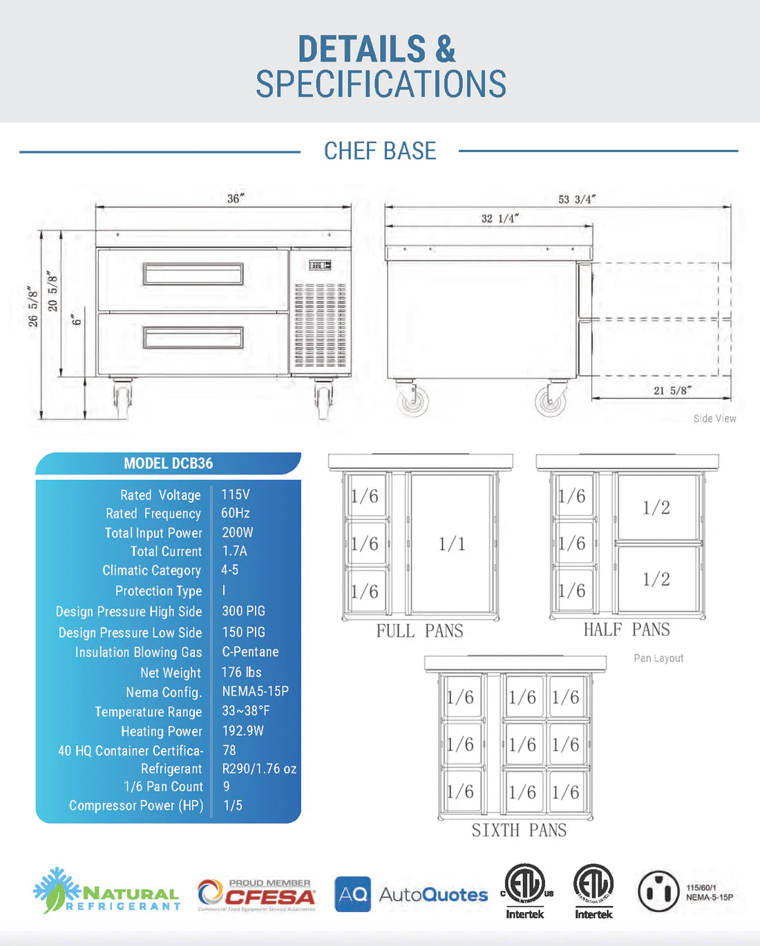 Dukers DCB36-D2 Chef Base Refrigerator with 2 Drawers