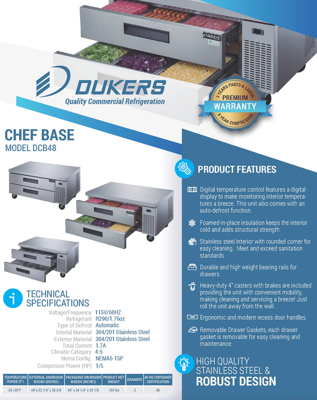 Dukers DCB48-D2 Chef Base Refrigerator with 2 Drawers