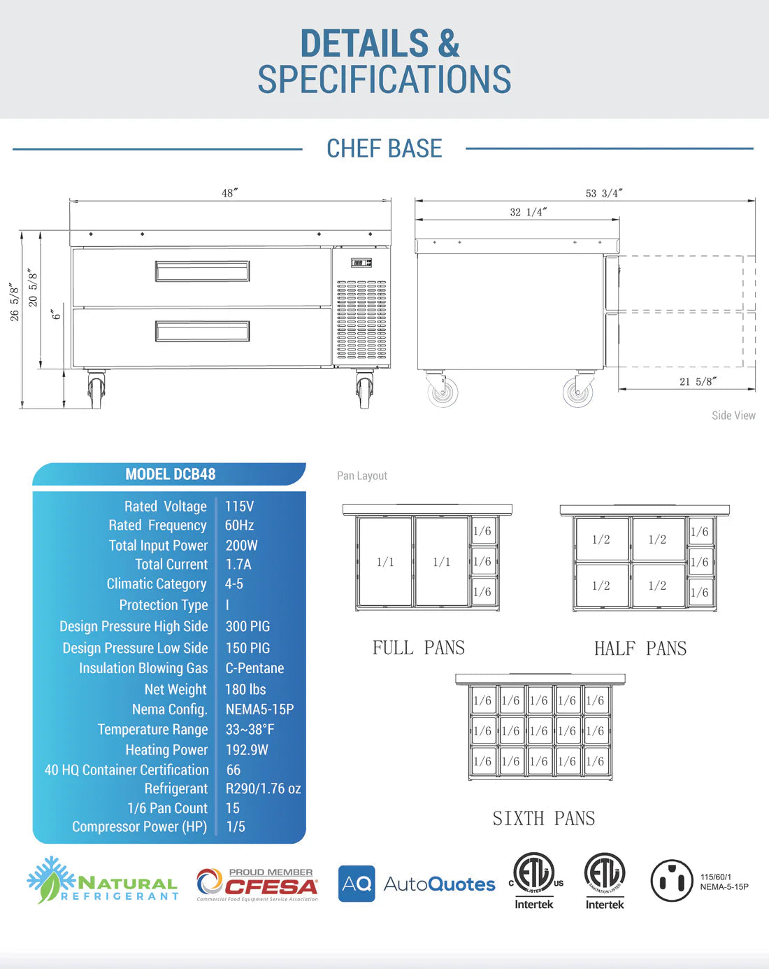 Dukers DCB48-D2 Chef Base Refrigerator with 2 Drawers