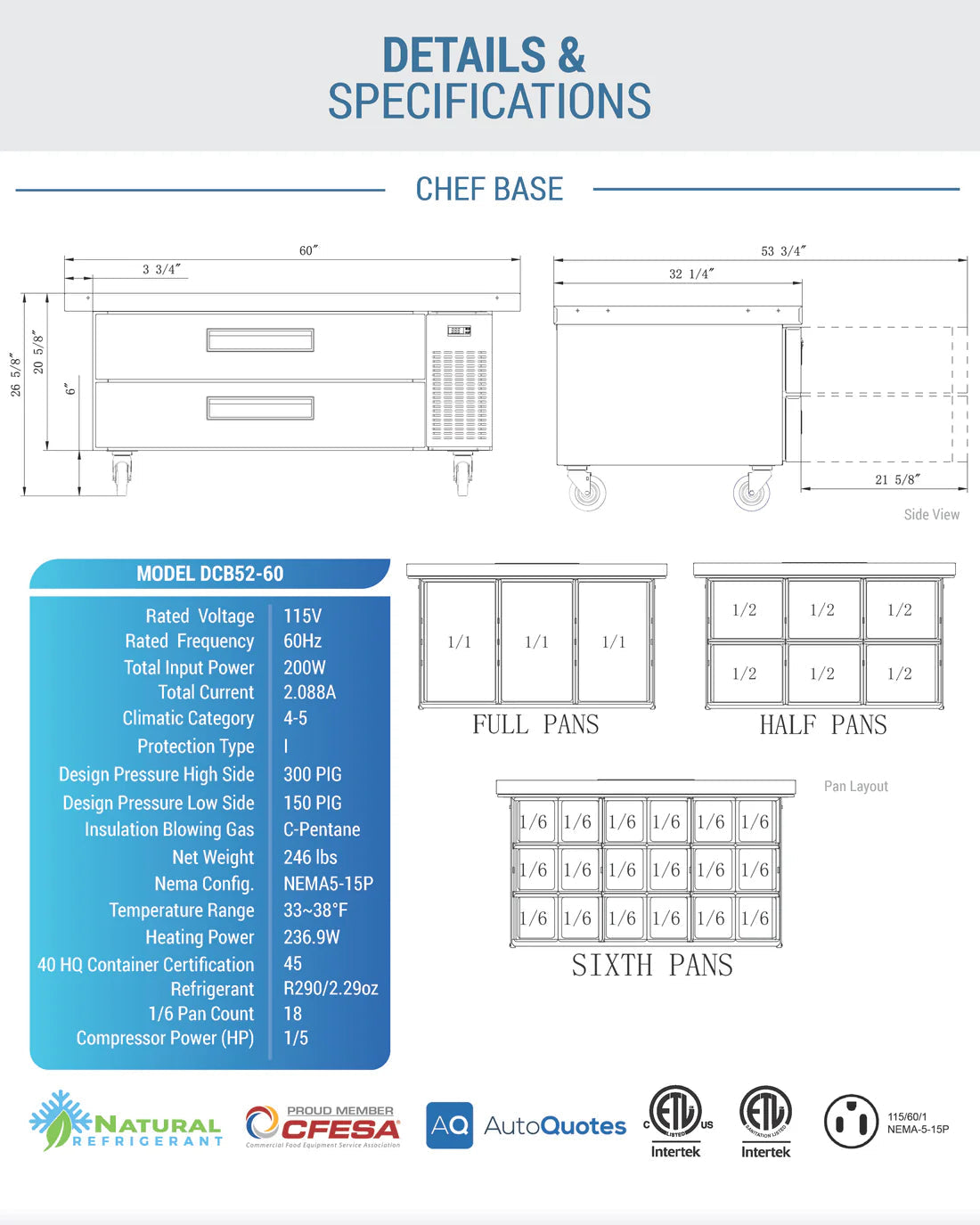 Dukers DCB52-60-D2 Chef Base Refrigerator with 2 Drawers