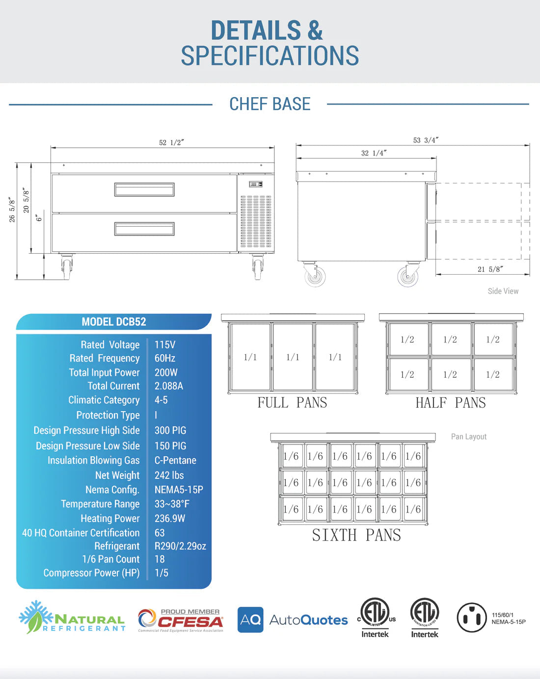 Dukers DCB52-D2 Chef Base Refrigerator with 2 Drawers
