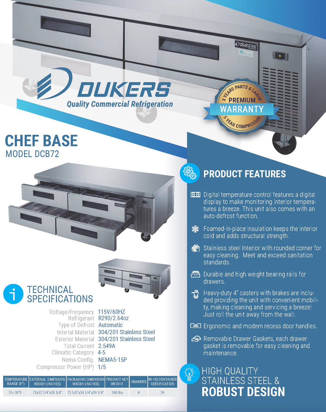 Dukers DCB72-D4 Chef Base Refrigerator with 4 Drawers