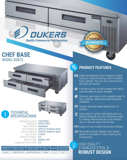 Dukers DCB72-D4 Chef Base Refrigerator with 4 Drawers