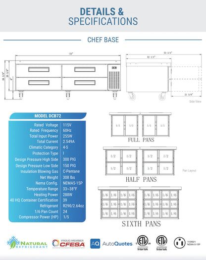 Dukers DCB72-D4 Chef Base Refrigerator with 4 Drawers
