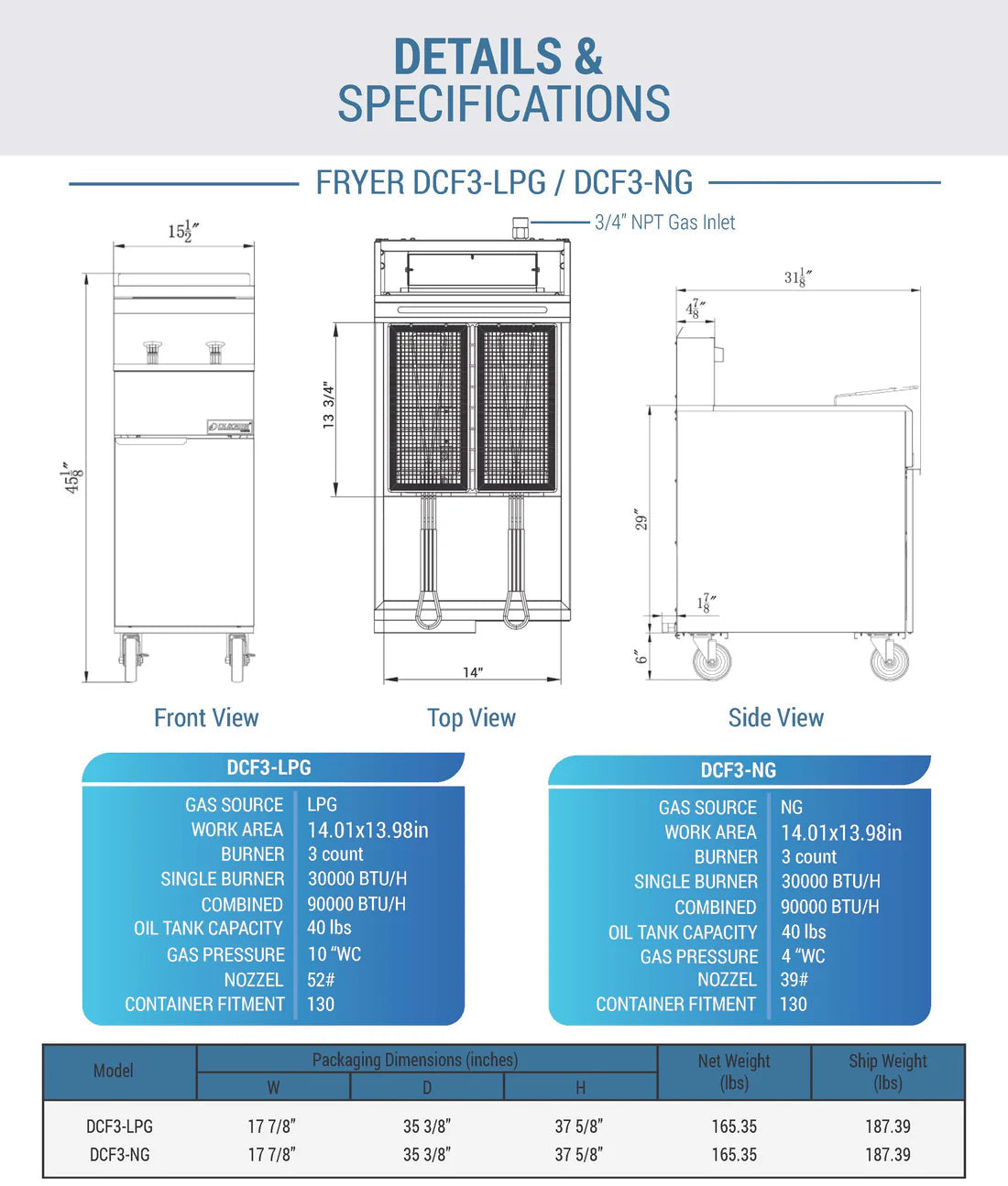 Dukers DCF3-NG Natural Gas Fryer with 3 Tube Burners