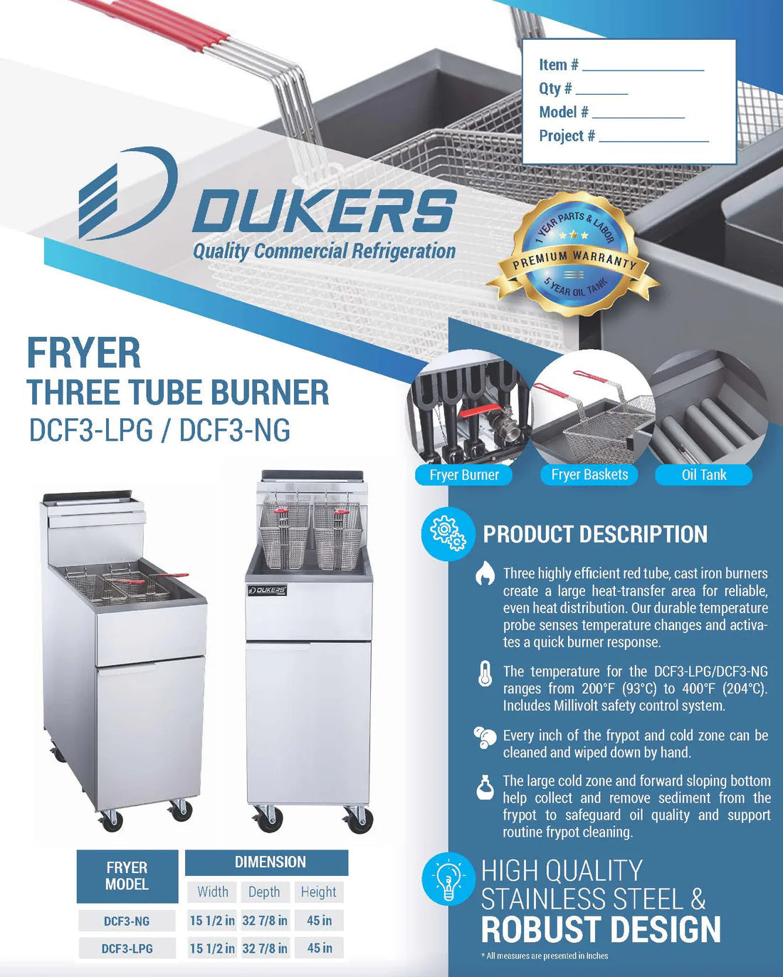 Dukers DCF3-NG Natural Gas Fryer with 3 Tube Burners