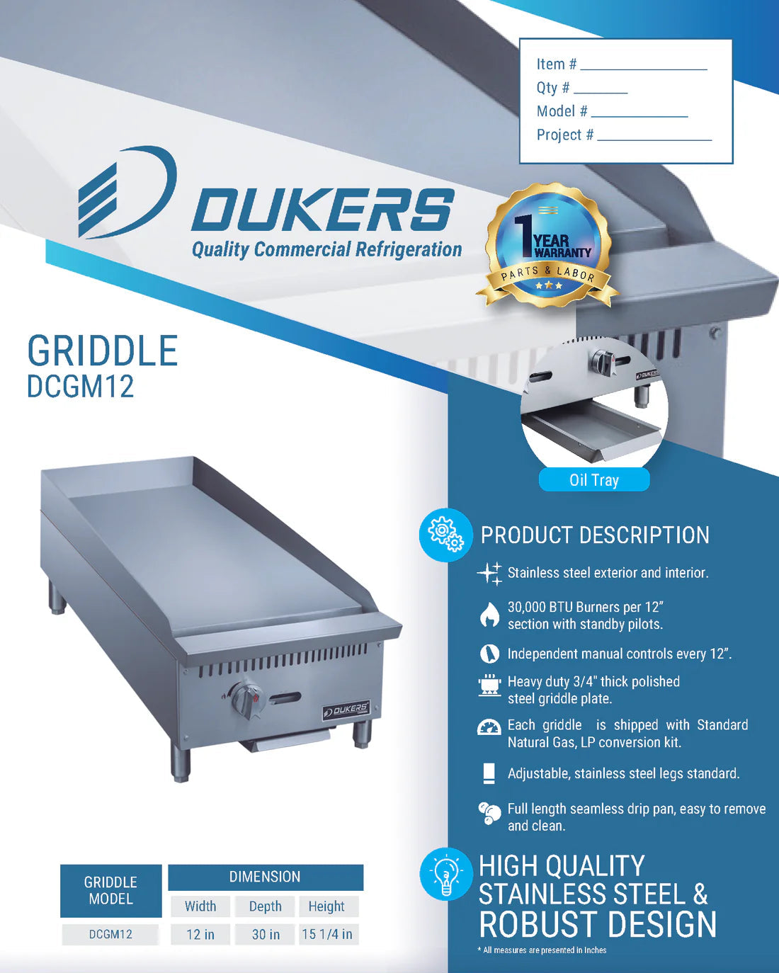 Dukers DCGM12 12 in. W Griddle with 1 Burners