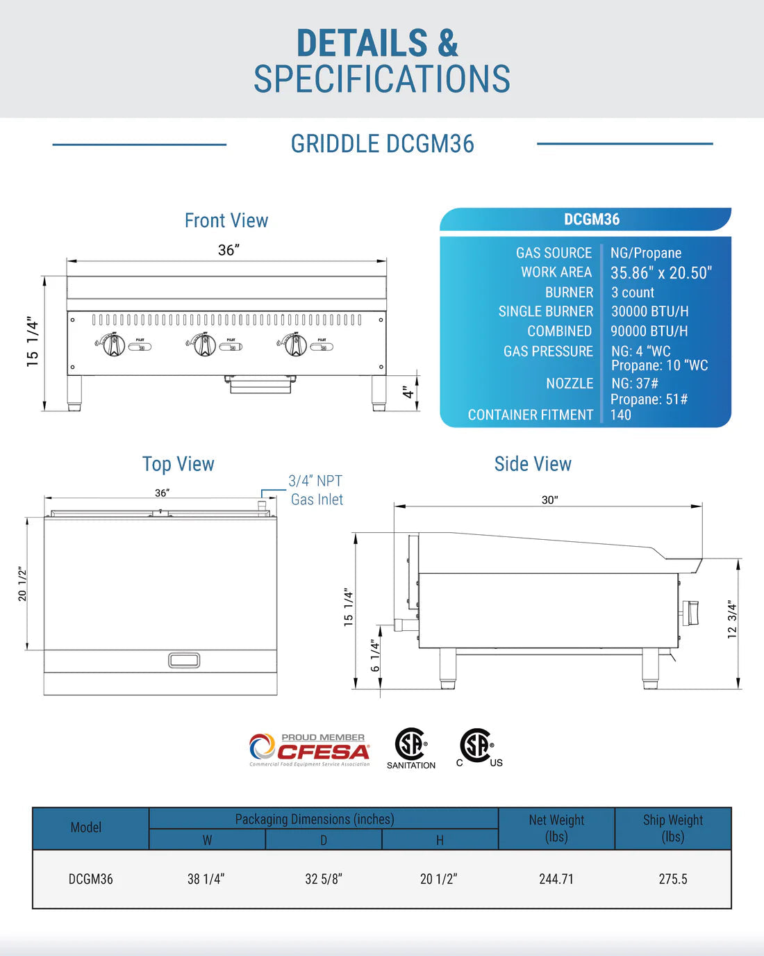 Dukers DCGM36 36 in. W Griddle with 3 Burners