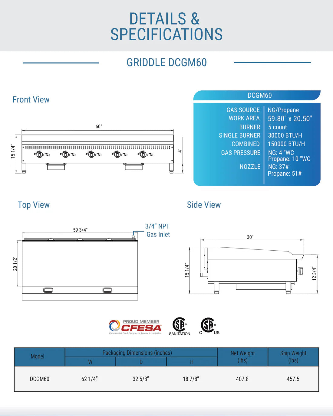 Dukers DCGM60 60 in. W Griddle with 5 Burners