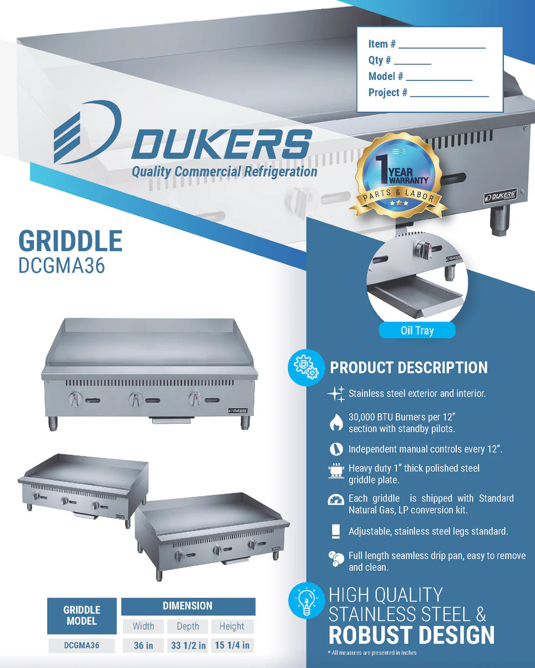 Dukers DCGMA36 36 in. W Griddle with 3 Burners