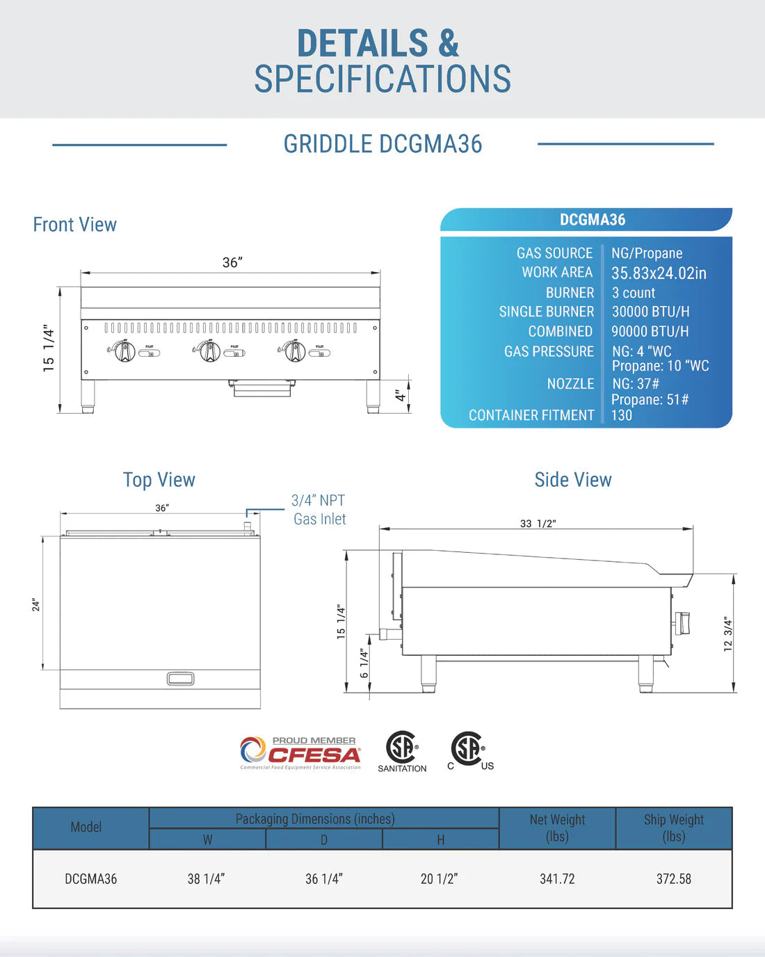 Dukers DCGMA36 36 in. W Griddle with 3 Burners