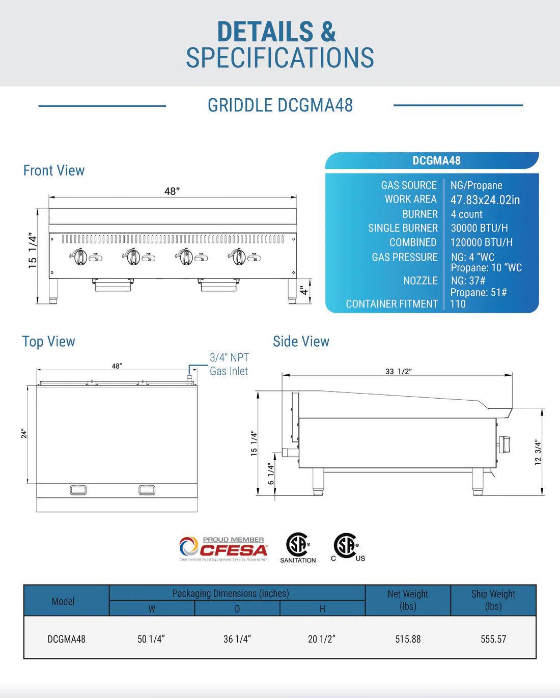Dukers DCGMA48 48 in. W Griddle with 4 Burners