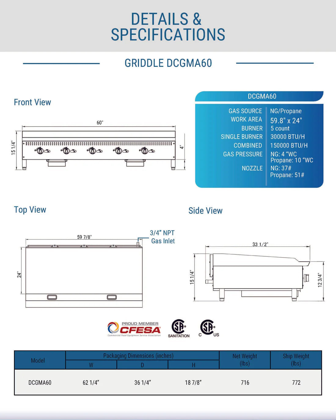 Dukers DCGMA60 60 in. W Griddle with 5 Burners