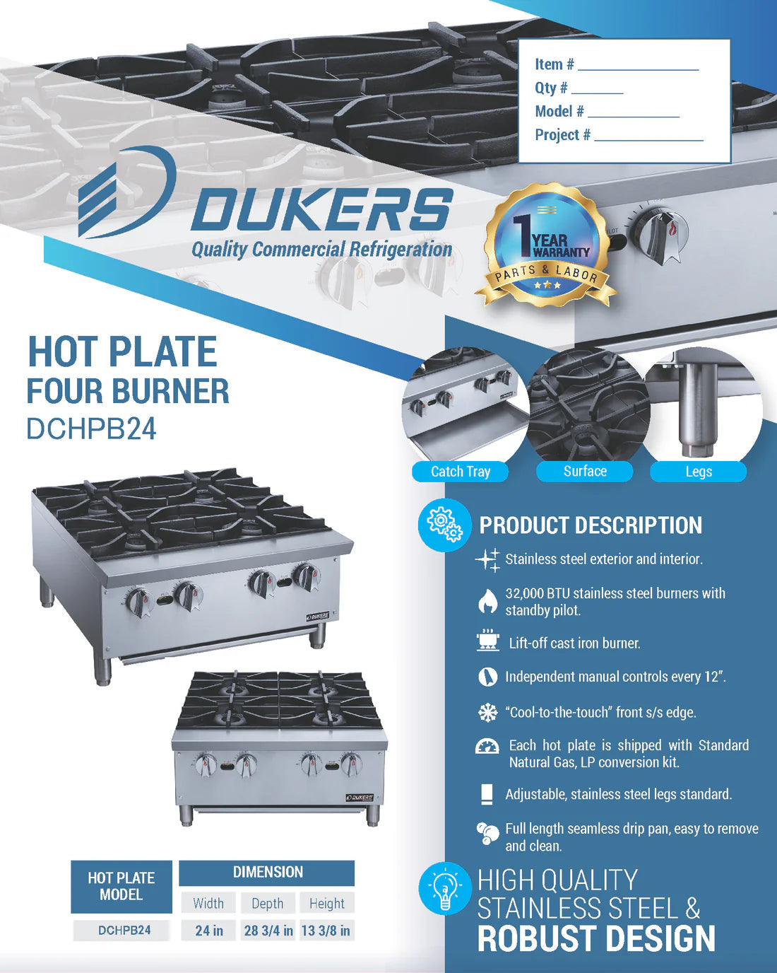 Dukers DCHPB24 Hot Plate with 4 Burners