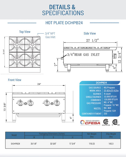 Dukers DCHPB24 Hot Plate with 4 Burners