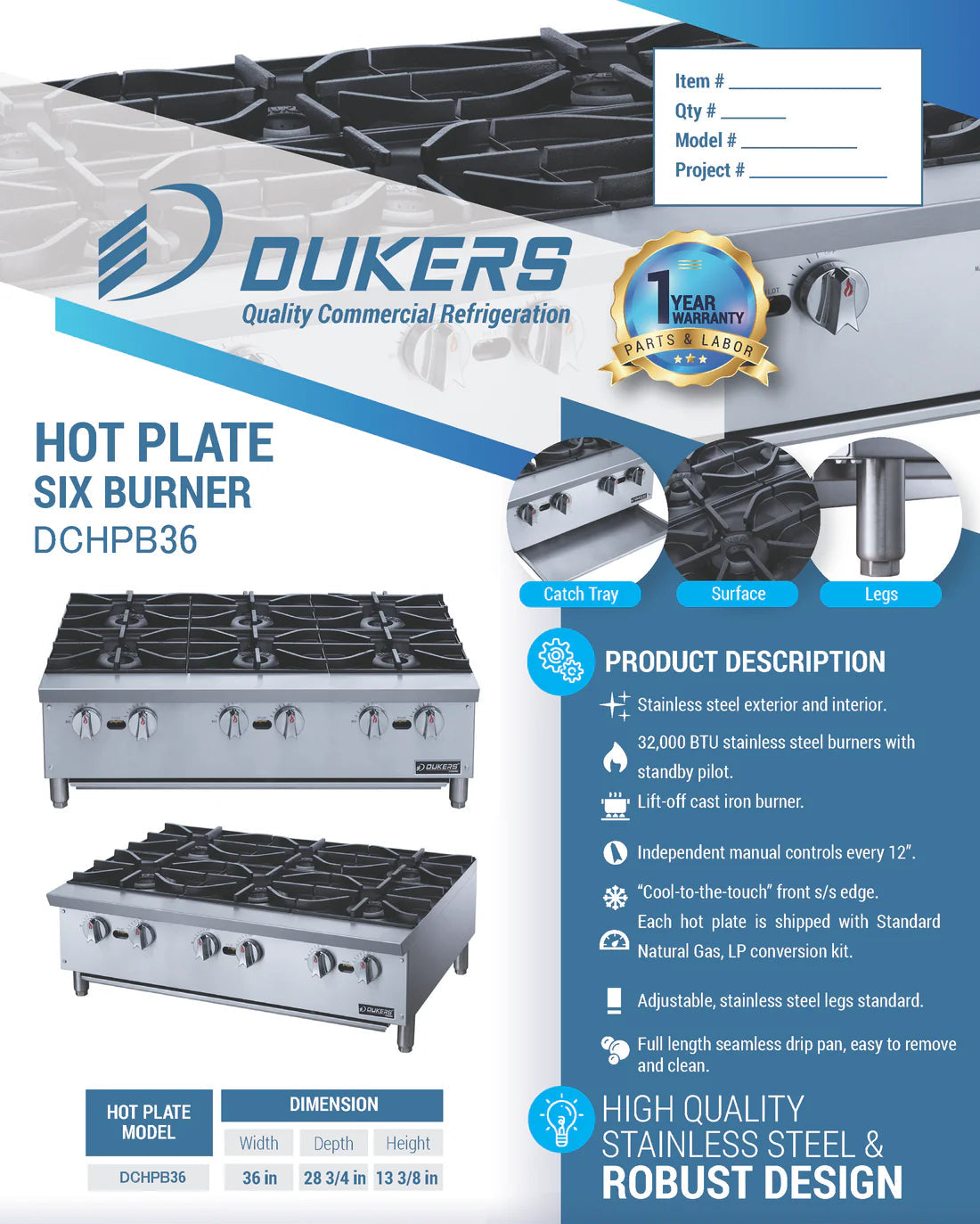 Dukers DCHPB36 Hot Plate with 6 Burners