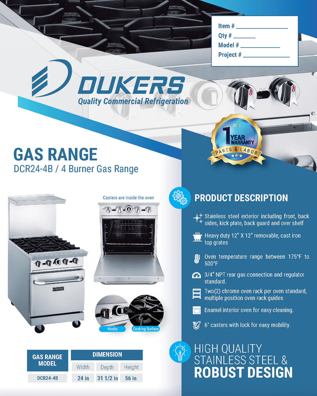 Dukers DCR24-4B 24" Gas Range with Four (4) Open Burners