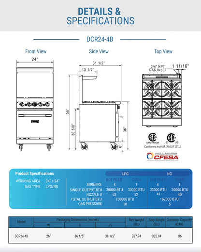 Dukers DCR24-4B 24" Gas Range with Four (4) Open Burners
