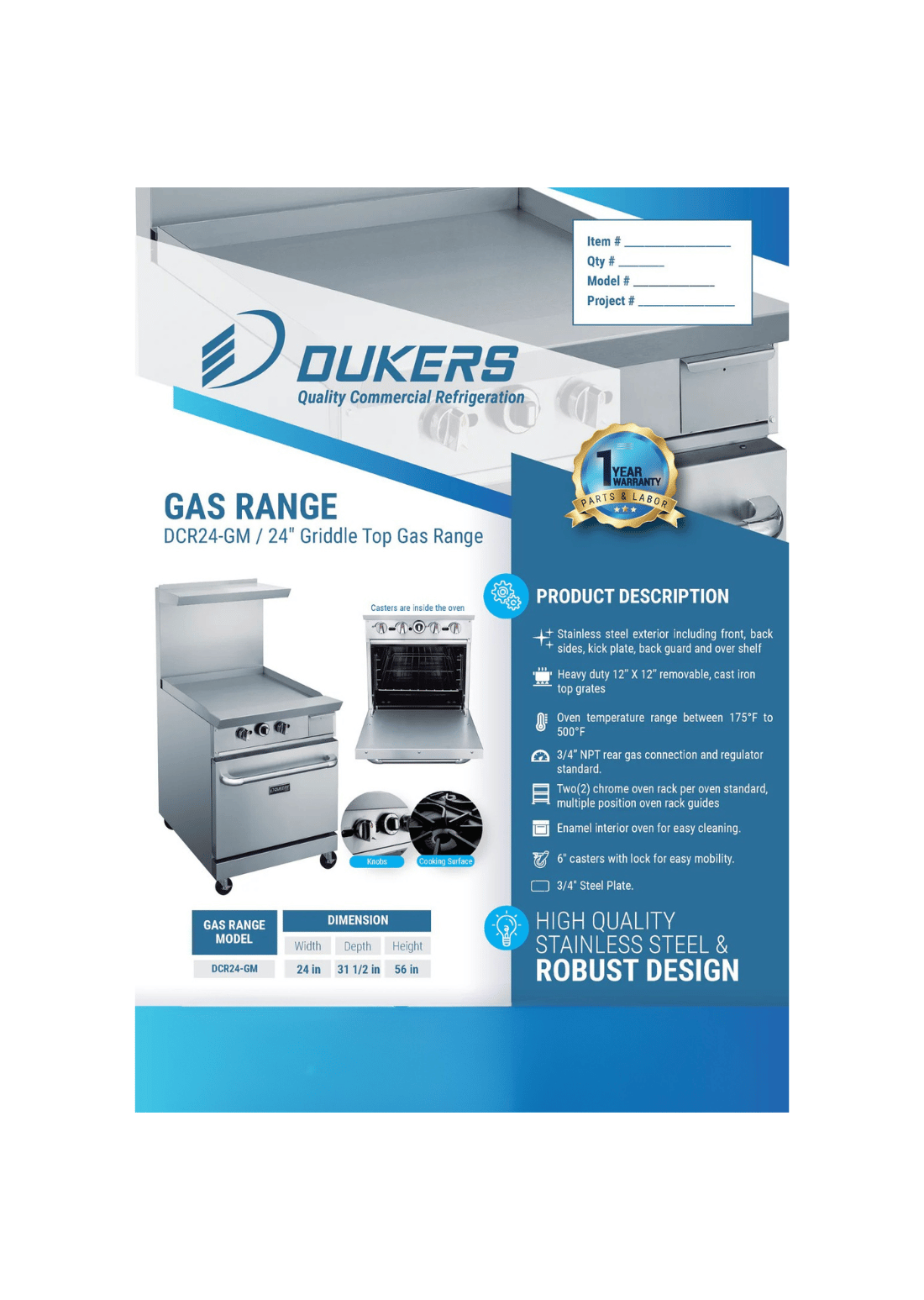 Dukers DCR24-GM 24" Gas Range with 24" Griddle
