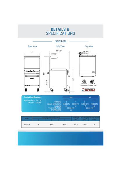 Dukers DCR24-GM 24" Gas Range with 24" Griddle