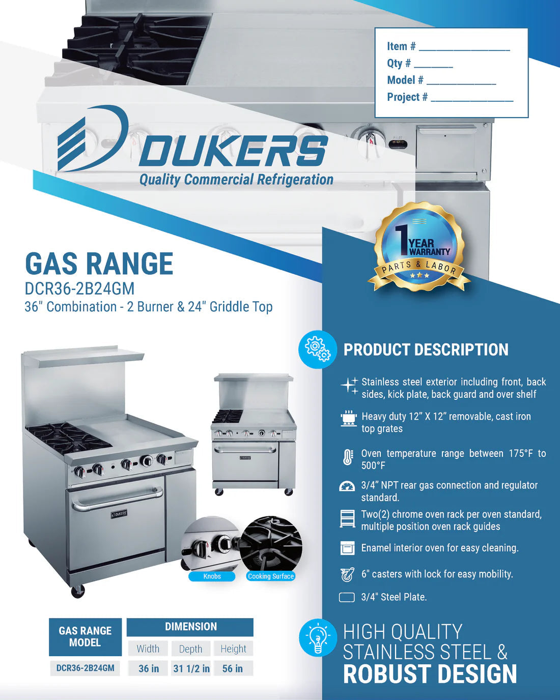 Dukers DCR36-2B24GM 36" Gas Range with Two (2) Open Burners & 24" Griddle