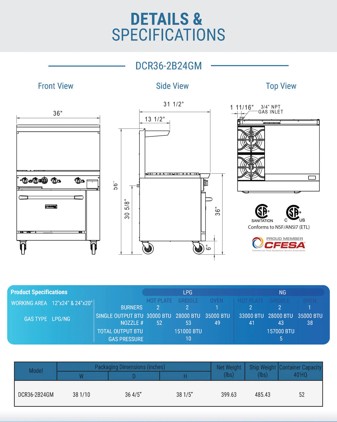 Dukers DCR36-2B24GM 36" Gas Range with Two (2) Open Burners & 24" Griddle