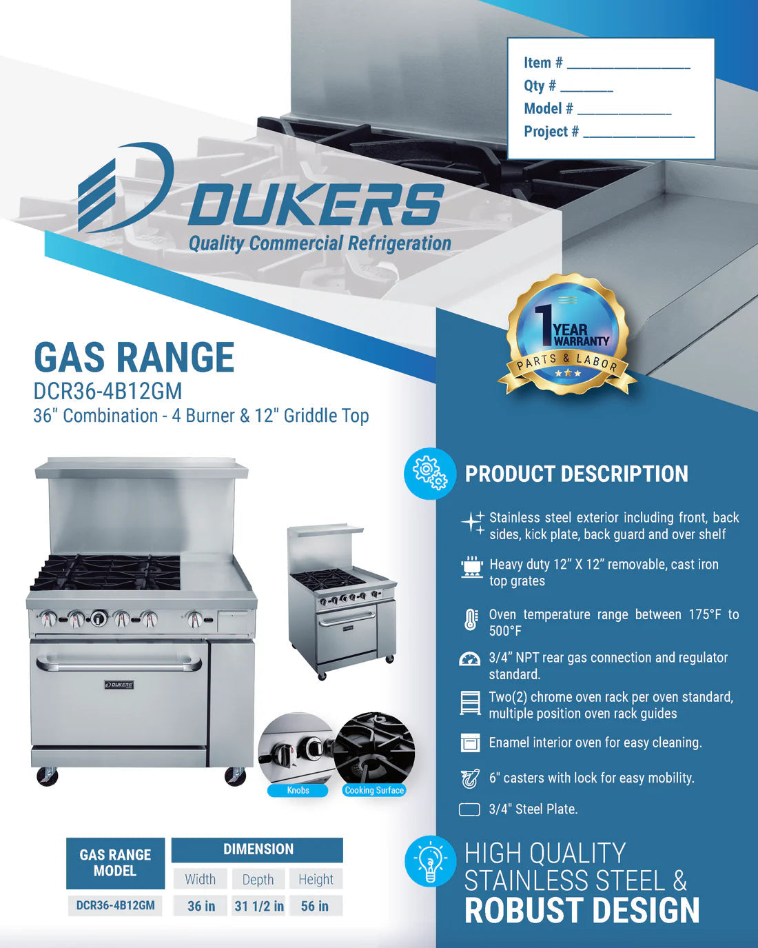 Dukers DCR36-4B12GM 36" Gas Range with Four (4) Open Burners & 12" Griddle