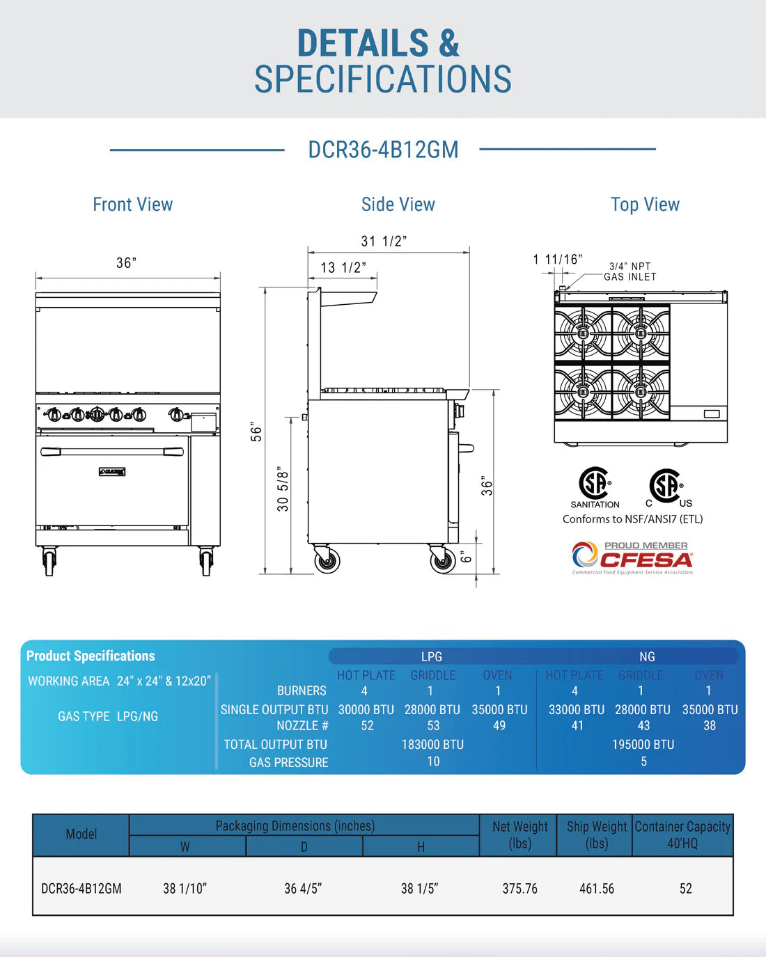 Dukers DCR36-4B12GM 36" Gas Range with Four (4) Open Burners & 12" Griddle