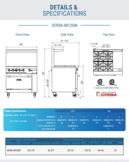 Dukers DCR36-4B12GM 36" Gas Range with Four (4) Open Burners & 12" Griddle