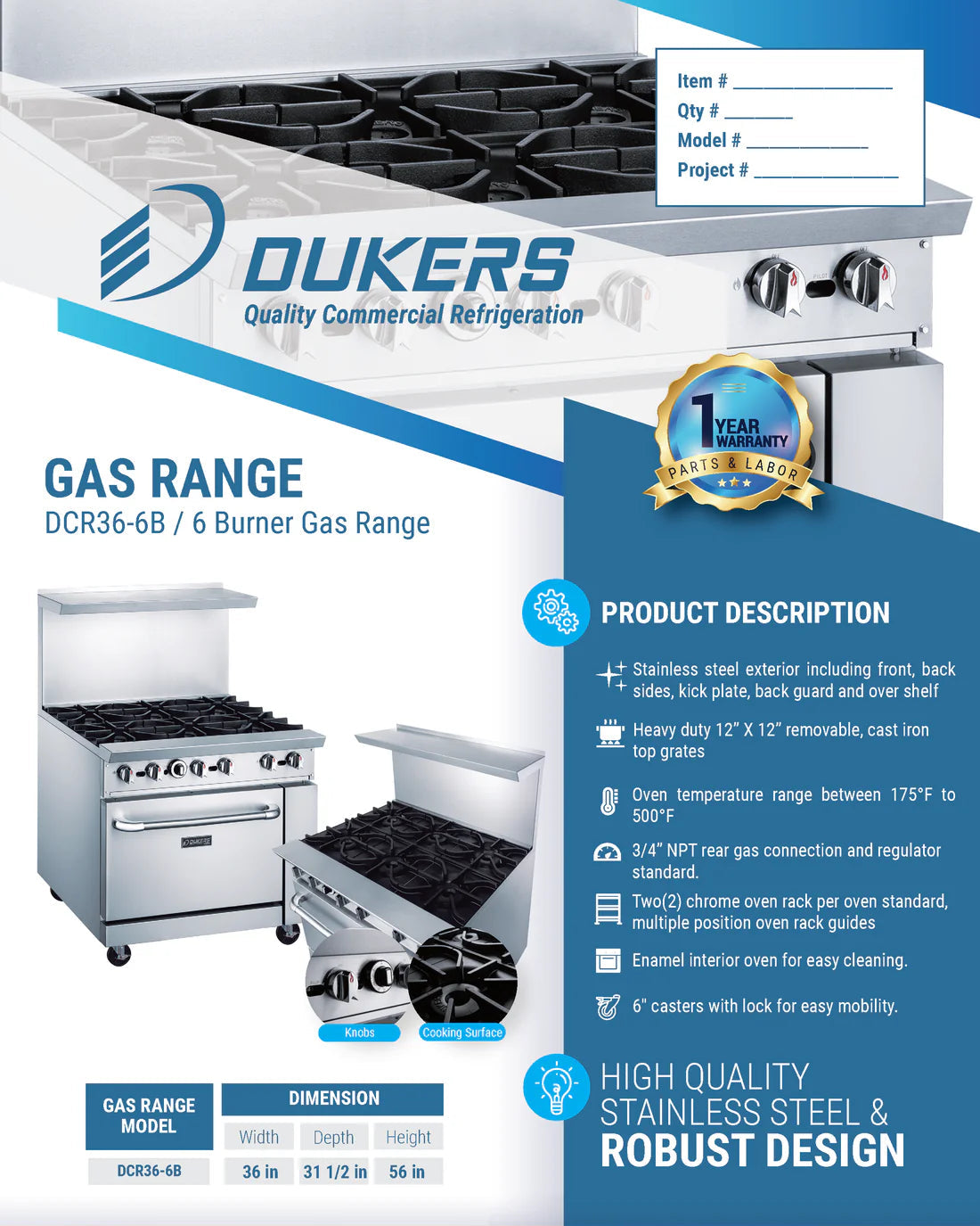 Dukers DCR36-6B 36" Gas Range with Six (6) Open Burners
