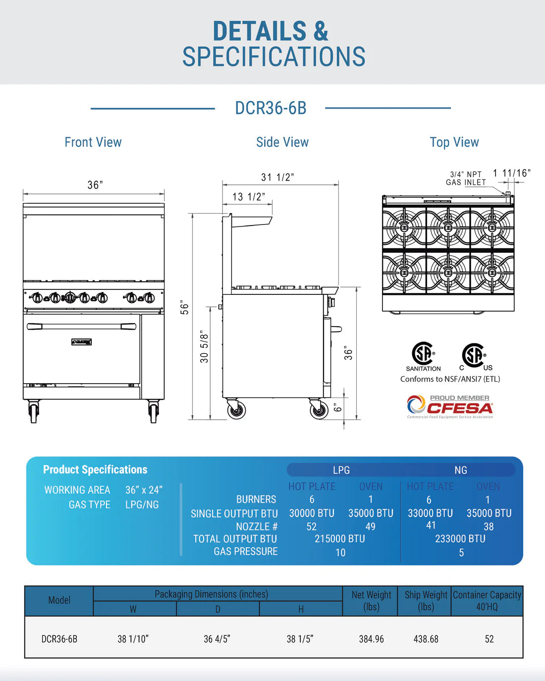 Dukers DCR36-6B 36" Gas Range with Six (6) Open Burners