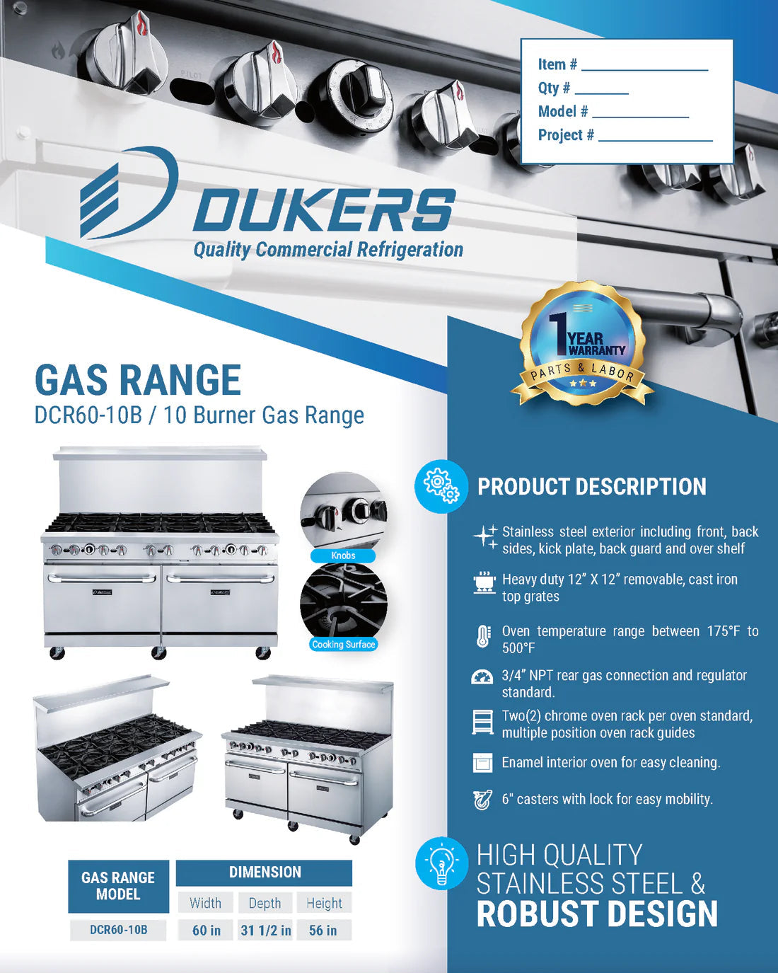 Dukers DCR60-10B 60" Gas Range with Ten (10) Open Burners